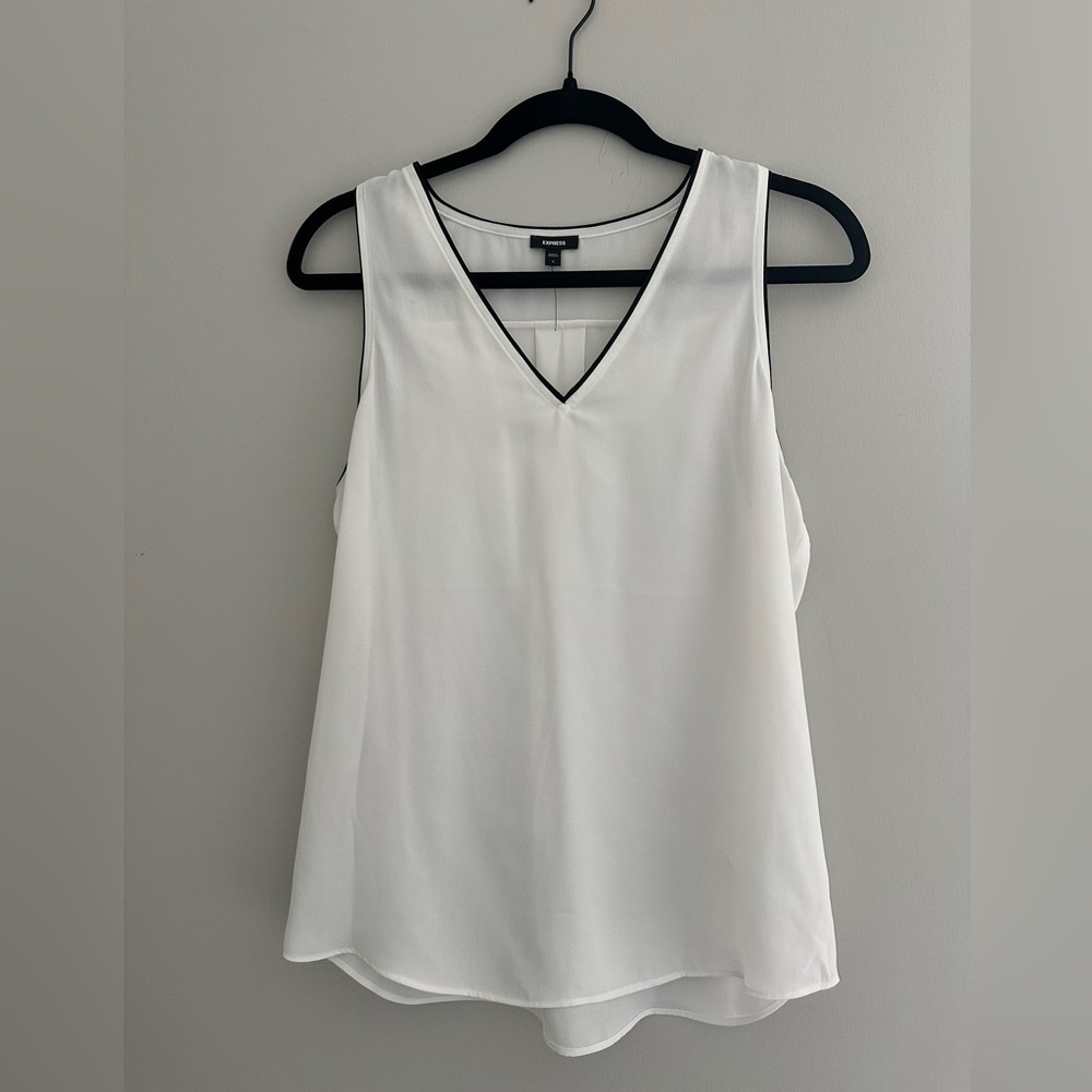 Express White V-Neck Sleeveless Top with Black Trim